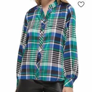 Karl Lagerfeld Blue and Green Plaid Button Down Shirt